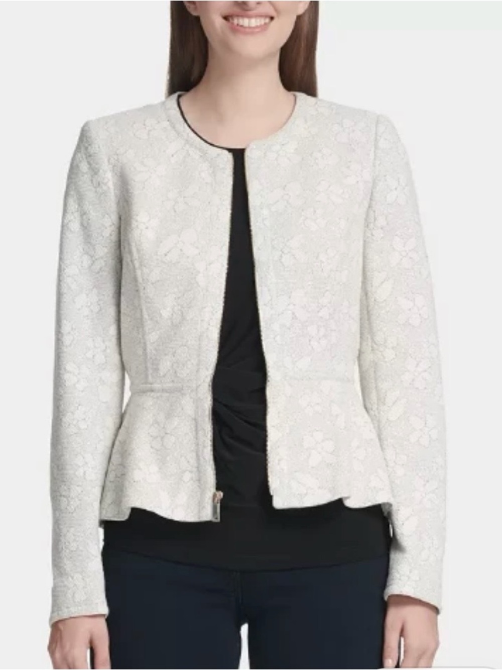 #891 DKNY Beautiful light grey Floral Textured Peplum Jacket